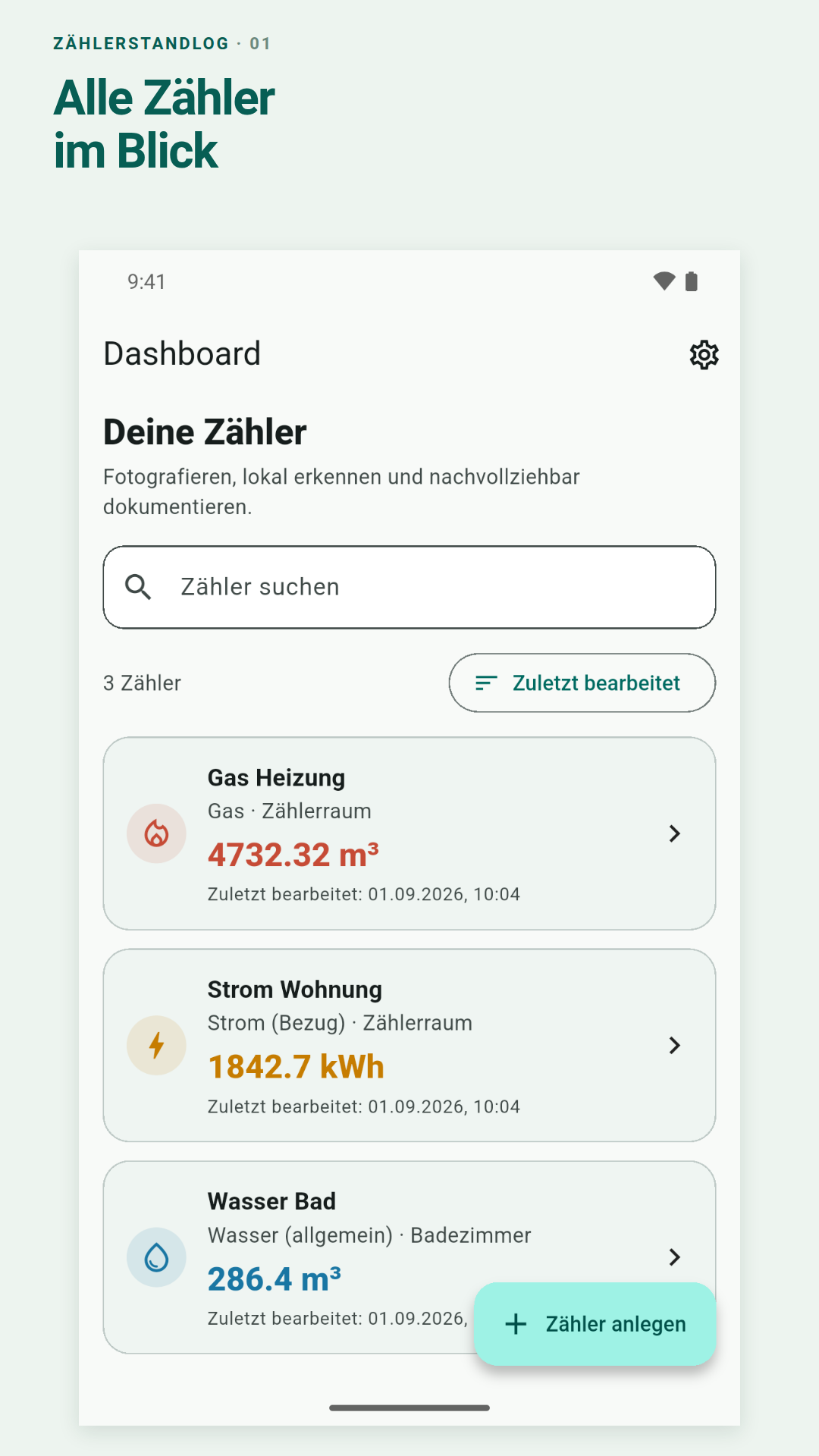 Übersicht mit drei Beispielzählern und ihren letzten Ablesungen