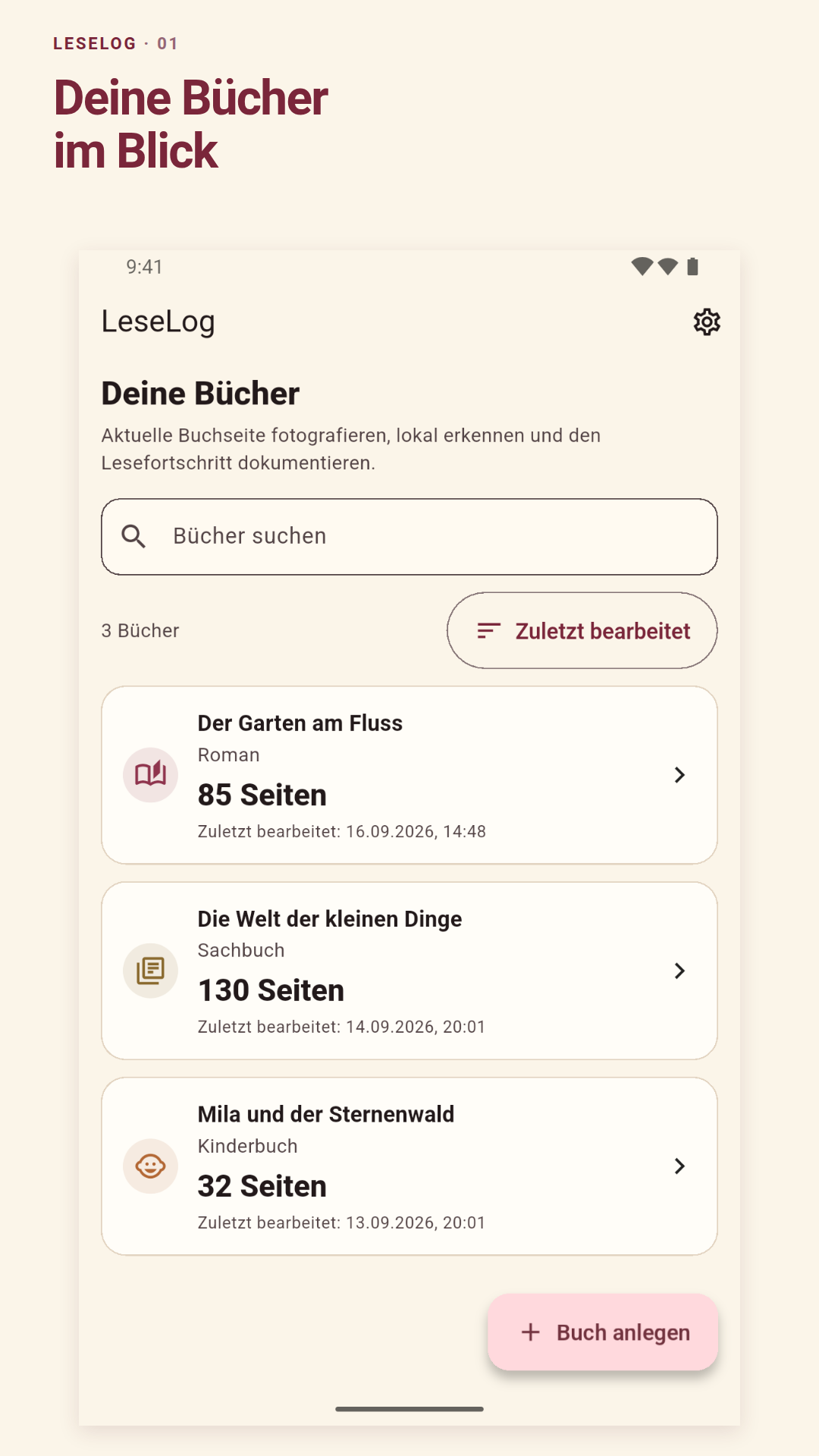 Overview of three sample books and their latest page numbers